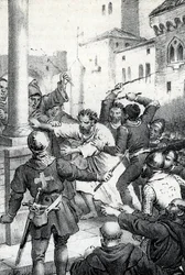 Penance of Raymond VI, count of Toulouse - Raymond VI Comte de Toulouse, excommunicated by Pope Innocent III for not pursuing the Cathars, accused of being the instigator of the assassination of Pierre de Castelnau, made hon