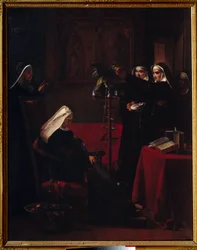 Nuns giving food to the parrot of a sleeping nun