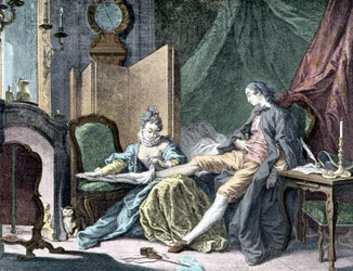 La Courtesan amoureuse: Woman removing the bottom of a man - engraving by ap. Butcher