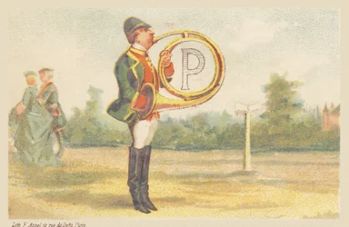 P (letter shown by a hunting horn player)