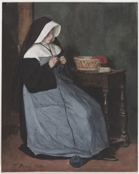 A Nun Seated at a Table Knitting