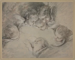 Six Angel Heads in Clouds