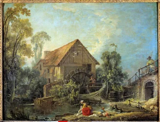 The Mill. A woman washes the laundry in the stream near a water mill. Painting by Francois Boucher, 1751