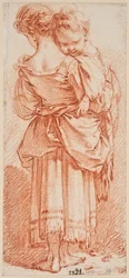 Young Woman with Child on Her Arm, Seen from Behind