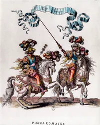 Roman Pages during the carousel given by King Louis XIV. Engraving by Francois Chauveau ca. 1662