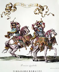 Roman timbaliers during the carousel given by King Louis XIV in 1662. Engraving by Francois Chauveau 17th century Private Collection