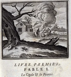 The Cicada and the Ant. Fables by Jean de La Fontaine (1621-95). Illustration by François Chauveau (1613-1676). Edition of 1728.