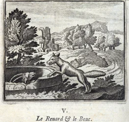 The Fox and the Goat. Fables by Jean de La Fontaine. Illustration by François Chauveau. Edition of 1728