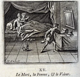 The Husband, the Wife, and the Thief. Fables by Jean de La Fontaine. Illustration by François Chauveau. Edition of 1728