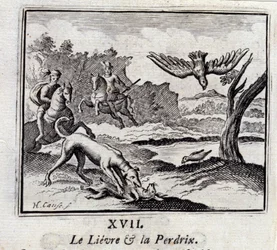The Hare and the Partridge. Fables by Jean de La Fontaine (1621-95). Illustration by François Chauveau (1613-1676). Edition of 1728