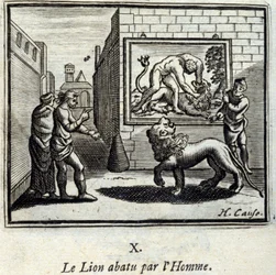 The Lion shot down by Man. Fables by Jean de La Fontaine (1621-95). Illustration by François Chauveau (1613-1676). Edition of 1728