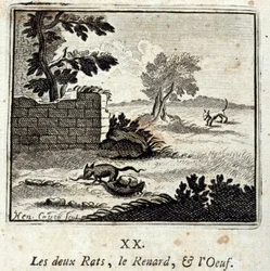 The Two Rats, the Fox, and the Egg. Fables by Jean de La Fontaine (1621-95). Illustration by François Chauveau (1613-1676). Edition of 1728.