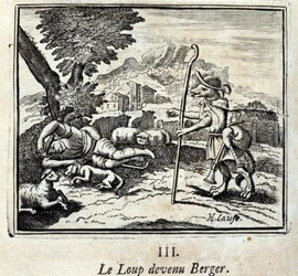 The Wolf Became a Shepherd. Fables by Jean de La Fontaine. Illustration by François Chauveau. Edition of 1728