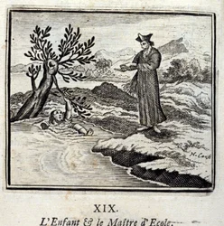 The Child and the Schoolmaster. Fables by Jean de La Fontaine (1621-95). Illustration by François Chauveau (1613-1676). Edition of 1728