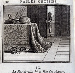 The Town Rat and the Field Rat. Fables by Jean de La Fontaine. Illustration by François Chauveau. Edition of 1728.