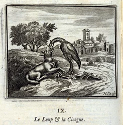 The Wolf and the Stork. Fables by Jean de La Fontaine. Illustration by François Chauveau, Edition of 1728
