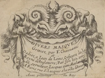 Title Plate with Two Satyr Heads, from Divers Masques, ca. 1635-45