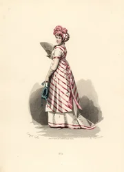 Woman in White Dress with Pink Trim, Striped Apron