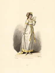 Woman in White Dress with Yellow Trim with Fan