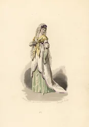 Woman in white tunic dress trimmed with lilac velvet