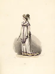 Woman in white tunic dress trimmed with lilac velvet
