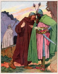 Ganelon reports the words of Emperor Charlemagne (742-814) to the enemy (Song de Roland) (Matter of France) - Illustration by Francois Zier (1856-1924) taken from Nos-Gloriers-Nationales around 1920