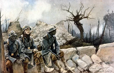 3 French soldiers sitting in front of the ruins of the Dampierre church (War 1914 - 1918)