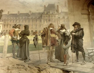 Pascal with Desargues presents to Descartes his experiments on the weight of air: the young mathematician Blaise Pascal (1623-1662) and Girard Desargues (1591-1661) discuss his theory of atmospheric pressure with Rene Descartes (1596-1650) on the Puy de