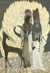Two Stylised Women with an Antelope Amongst Foliages