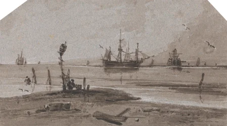 Ships Anchored Offshore in a Calm Sea