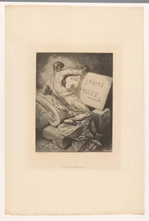 Title Print with Man on Stone Monument (series: Etchings by Various Printmakers from 1877)