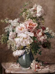 Still Life of Peonies and Roses. Painting by Francois Rivoire (1842-1919) Private collection.