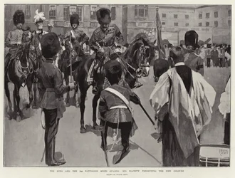 The King and the 3rd Battalion Scots Guards, His Majesty Presenting the New Colours