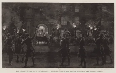 The Arrival of the Czar and Czaritsa at Balmoral Castle, Her Majesty welcoming her Imperial Guests