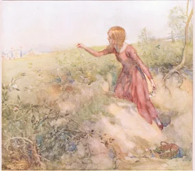 Soon after sunrise in the morning she stole out from the tent and rambling into some fields a short distance plucked a few roses