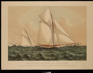 Mayflower saluted By The Fleet. Crossing the bow of Galatea in her first race for the America