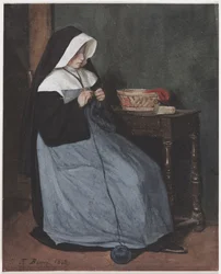 A Nun Seated at a Table Knitting, 1862