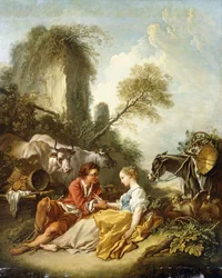 A Pastoral Landscape with a Shepherd and Shepherdess seated by Ruins