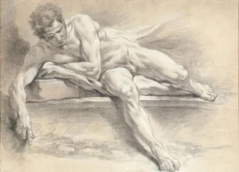 Nude study of a man lying on a stone bench