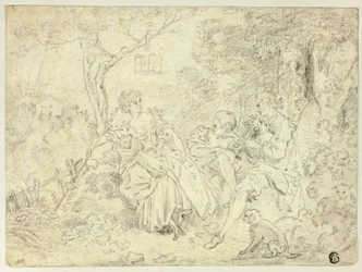 Shepherdesses and Young Man Playing Bagpipe