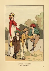 Boys in Jackets and Breeches with Merveilleuse in Roman Robe with Bonnet and Spencer Jacket. Little Patriots, Year VIII