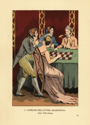 Fashionable Incroyables in high-collar jackets at a gambling table with young woman and croupier. A gambling hell in the Palais Royal, Year VIII