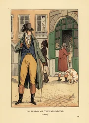 Fashionable Gentleman in Front of the Entrance to the Passage du Perron, Palais Royal. He Wears a Hat, Cravat, Coat, Waistcoat Breeches and Boots. The Perron of the Palais Royal, Paris