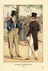 Fashionable Gentlemen in Top Hat and Tails with Canes. At a Big Race Day at Longchamp Racecourse. Crowds of Fashionable People and Carriages. The Great Longchamps Day