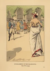 Fashionable Woman with a Group of Speculators or Agioteurs, Paris. A One-Legged Revolutionary Soldier Stands Guard. Stock Jobbing at the Palais Royal, Year VII