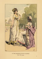 Two fashionable women in the gardens of the Tuileries, Paris, Year VII