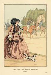 Woman in bonnet, jacket and wide crinoline with dog watching horse riders and carriages on the riding track. The avenue du Bois de Boulogne, Paris
