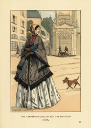 Woman in front of the fountain at Place Gaillon, Paris. She wears a cashmere shawl with arm holes called la visite over her crinoline. The carrefour Gaillon and the fountain