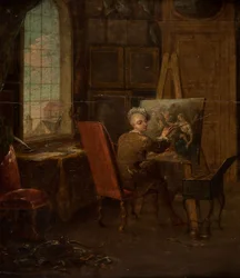 Self-portrait in the studio, holding a mahl-stick