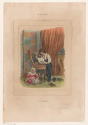 Three Children Looking at Books (title on object: L